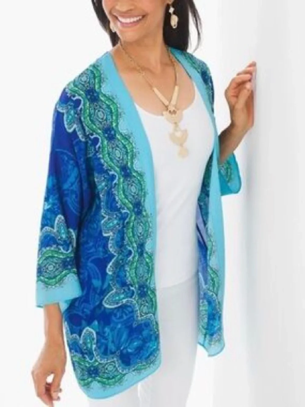 CHICO’S Silky Turquoise & Blue Paisley Medallion Open-Front Kimono Wrap Cardigan